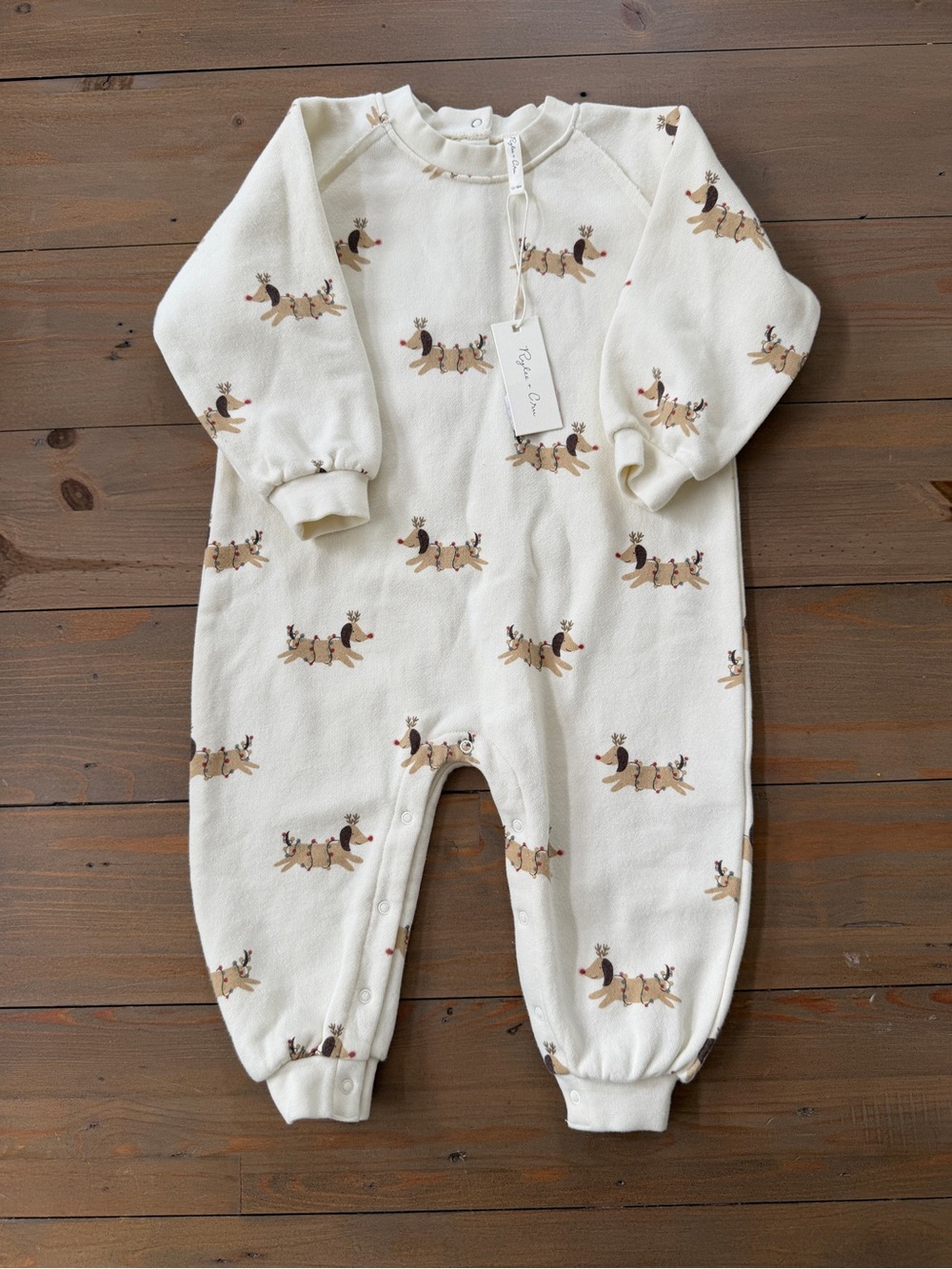 NWT Rylee + Cru Raglan Jumpsuit with Christmas Reindeer Dog Print - 12-18 Months